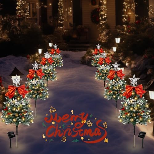 Christmas Tree Solar Pathway Lights Outdoor Decor, 8 Pack, Snowy