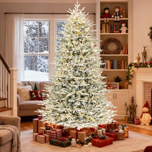 Hykolity 9 ft Prelit Flocked Christmas Tree with 600 Warm White LEDs