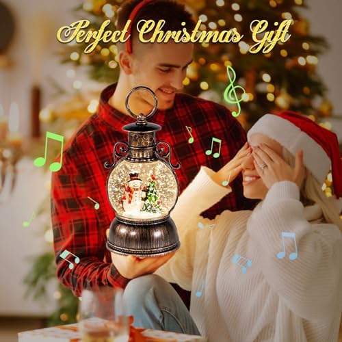 Vintage Christmas Lantern Snow Globe Lighted Musical Water Lantern with Swirling Glitter Snowman Scene, 8 Holiday Songs, 6H Timer, USB/Battery Operated Holiday Table Decor Gift
