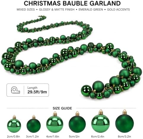 Sosation 29.5Ft Christmas Ball Ornament Garland, Green, Glossy Matte
