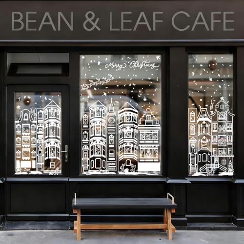 DIYDEC 15.1 * 27.3'' Large Christmas Window Clings 4Pcs Xmas White House Window Stickers for Glass Double Sided Winter Town Decals for Holiday Home Shop Decoration