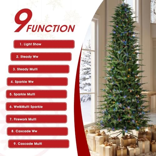 Glitzhome 11ft Prelit Christmas Tree, Realistic Pencil Artificial Christmas Tree with 4,205 Tips, Radiant Slim Evergreen with 2,700 Warm White & Multi-Color Chasing and Twinkling Lights, Easy Assembly