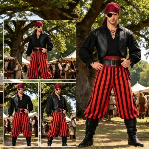 9pcs Adult Halloween Pirate Costume for Men with Accessories