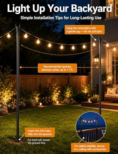 2 Pack String Light Poles for Outside, Adjustable Metal Patio Light Poles