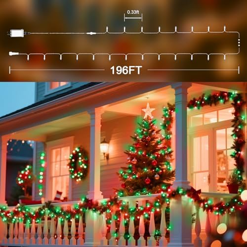 196 FT 500 LED String Lights Outdoor Indoor, Christams String Lights Waterproof 8 Modes & Timer, Fairy Lights Plug in for Bedroom, Weeding, Patio, Party, Christmas Decor (Red+Green)