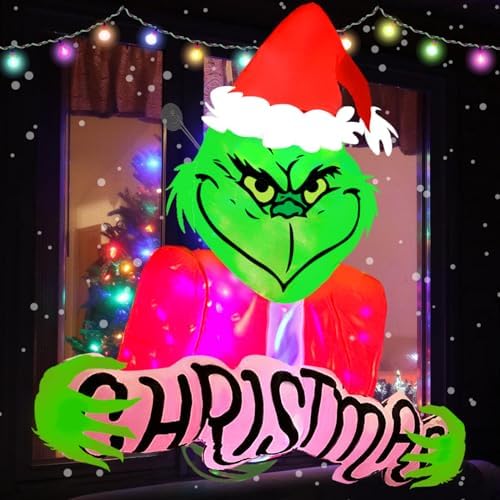 4.5ft Christmas Inflatable Outdoor Decorations Green Monster Broke Out from Window with Built-in LED Rotating Lights Blow Up Inflatable for Christmas Decoration Indoor Yard Lawn Garden Xmas Decor