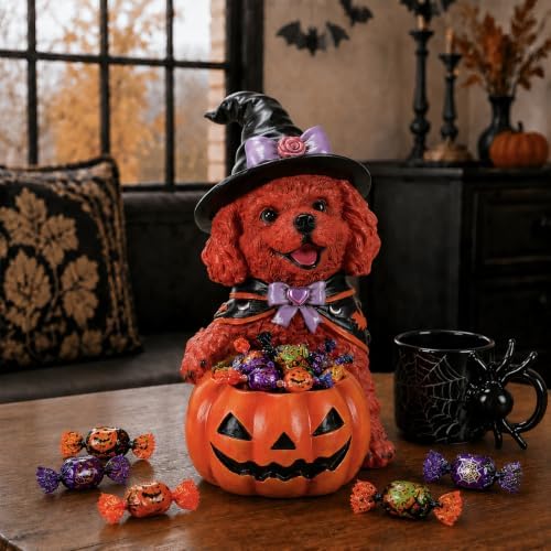 Halloween Dog Decor, Brown Witch Puppy Figurine with Pumpkin Candy Bowl