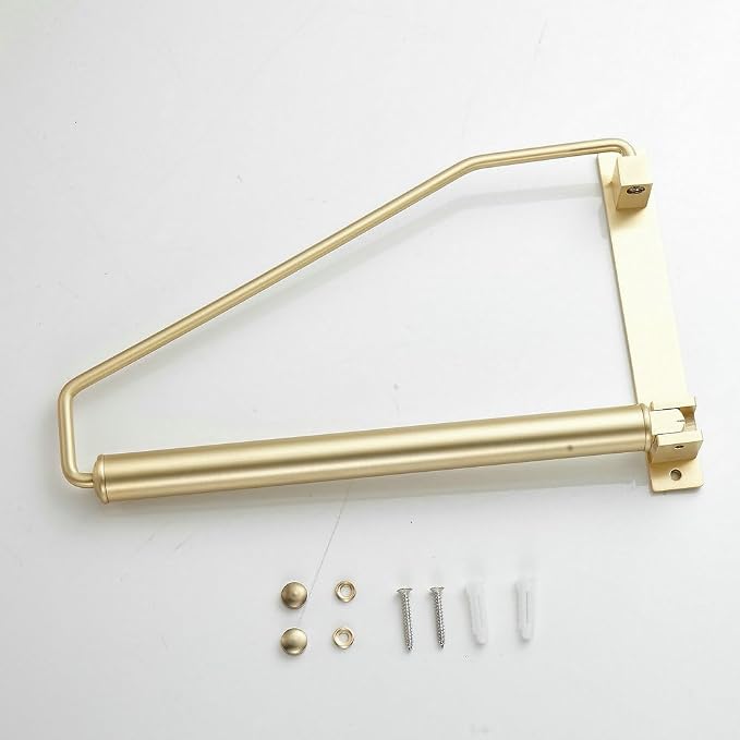 Folding Clothes Hanger Gold Brushed Drying Clothes Rack Wall-Mounted Space Saver for Laundry Room Closet, Brass, 12 Inch