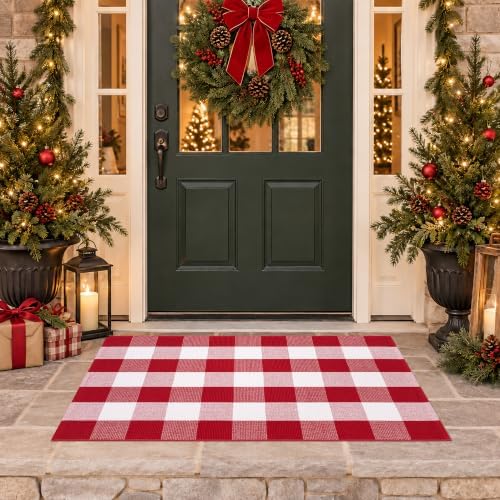 Christmas Red and White Plaid Door Mat, 28 x 43 Inches Cotton Hand-Woven Layered Entry Mat for Front Porch, Entryway, Outdoor Holiday Decor, Washable Buffalo Check Doormat for Home, Patio, Kitchen