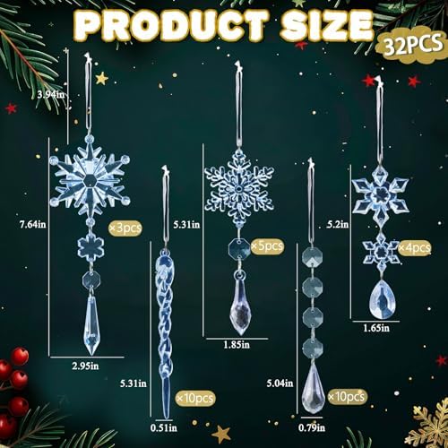 Crystal Christmas Tree Ornaments, Blue Acrylic Snowflake & Icicle, 32pcs