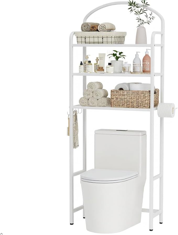 Over The Toilet Storage Rack - 3 Tier Bathroom Organizer with 4 Hooks & Paper Holder - Space Saving Metal Shelf for Bathroom - White Toilet Storage