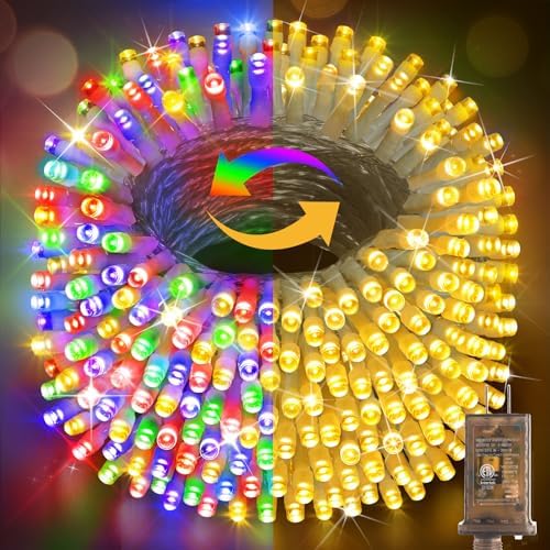 Hezbjiti 1000 LED 403FT Christmas Lights Outdoor 11 Modes Color Changing String Lights with Timer Memor Waterproof Fairy Lights for Party Tree Yard Porch Wedding (Multicolor to Warm White, Clear Wire)
