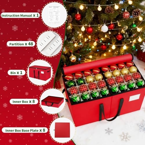 Christmas Ornament Storage Box, 8 Individual Trays with Handles, Red