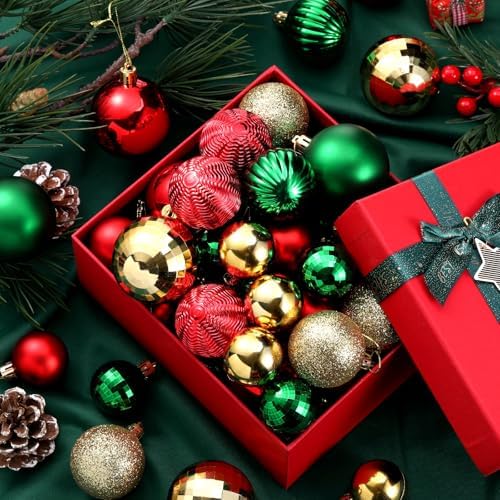 Lunmon 64 Pcs Christmas Ball Ornaments for Christmas Tree Glitter Red Gold Green Ball Ornament Hanging Christmas Decoration Assorted Size Christmas Ornament for Party Supplies, 1.6/1.97/2.4 Inch