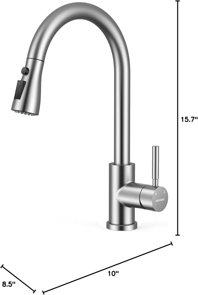 WEWE Pull-Down Kitchen Sink Faucet, 3-Mode Spray, 1-Hole, Brushed Nickel | Stream & Spray & Pause Modes, 20" Pull Down Hose, SUS304 Stainless Steel, 500k Cycle Ceramic Cartridge, Tool-Free Twist-Lock