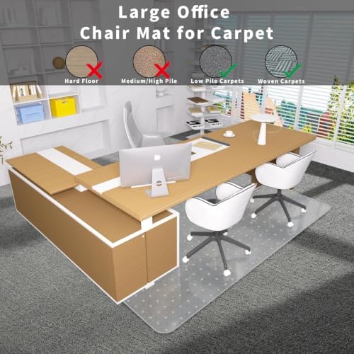 Office Chair Mat for Carpeted Floor, 63"x51" Clear Desk Mat for Carpet Large Protector Floor Mat On Low Pile Carpets, Easy Glide Rolling Plastic Floor Mat, Computer Chair Mat for Home Office