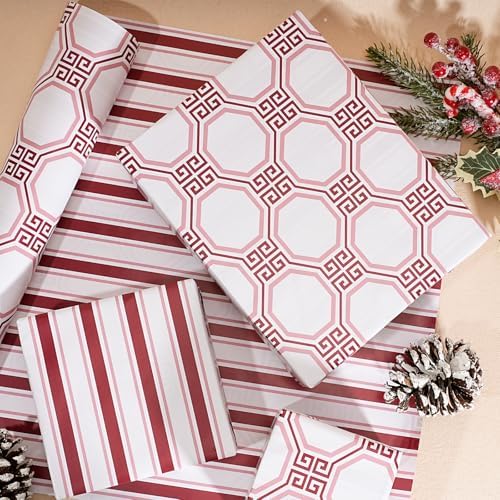 LaRibbons Reversible Minimalist Christmas Wrapping Paper, Greek Key Geometric & Striped Design - Burgundy Pink Modern Gift Wrap for Birthday, Holiday, Xmas Party Celebration, 17 Inch × 33 Feet