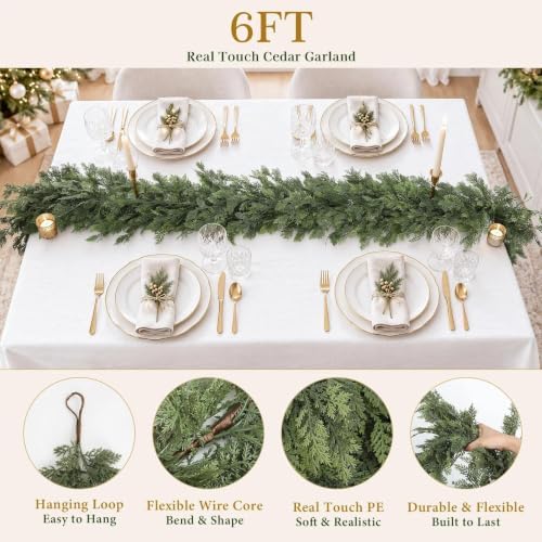 Christmas Garland 6FT Decorations Real Touch Cedar Cypress Pine Greenery Artificial Green Christmas Garland for Mantle, Fireplace, Table, Stairs, Door, Porch, Indoor Outdoor Decorations