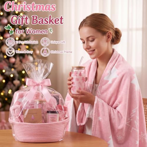 Reallnaive 11 Pcs Pink Christmas Basket Gift for Women Secret Santa Box