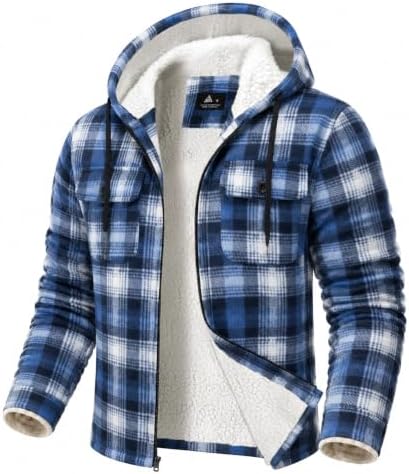 GEEK LIGHTING Men's Flannel Shirts Jacket Sherpa Lined Plaid Zipper Hoodie
