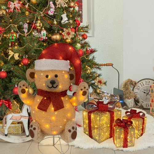 Lighted Christmas Bear Decorations, Pop-Up Bear Outdoor Yard Woodland Christmas Decor Prelit 70 Lights, Collapsible Lighted Bear Wears Santa Hat for Home Porch Yard Christmas Valentines Day-Brown
