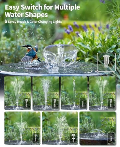 POPOSOAP 8W Solar Fountain Pump with 3200mAh Battery Backup & LED Lights, Solar Water Fountain Kit with 8 Nozzles & PVC Tubing for Bird Bath, Pond, Fish Tank, Backyard Decor P108DL