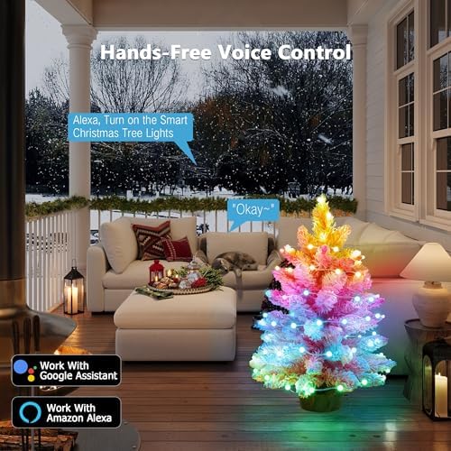 Brizled Smart Pink Mini Valentines Tree, 22.8in DIY Smart-Lit Pink Flocked Tabletop Xmas Tree with 100 LED RGB Lights, App/Voice Control 159+ Scenes Mini Xmas Tree USB C Small Tree for Fireplace Desk