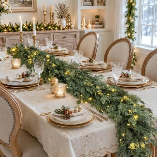 Pre-Lit Christmas Garland 9FT Decorations Real Touch Cedar Cypress Pine Greenery Artificial Green Christmas Garland with Lights for Mantle, Fireplace, Table, Stairs, Door, Indoor Outdoor Decorations