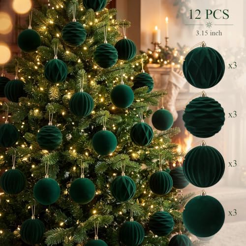 Liliful 3.15 Inch 12 Pcs Velvet Christmas Ornaments Balls, Dark Green