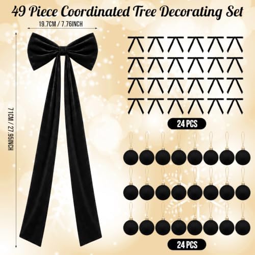 Knitgrip 49 Pcs Black Christmas Tree Decoration Set with Velvet Bow Ball