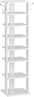 HOOBRO 8 Tiers Vertical Shoe Rack, Wooden Shoe Storage Organizer with Hooks, Narrow Shoe Tower for 8 Pairs, Space Saving, for Entryway, Living Room, Bedroom, White WT07XJ01G1