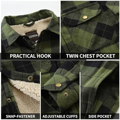 Men's Sherpa Cotton Flannel Shirt Jacket Plaid Button Coat Pocket