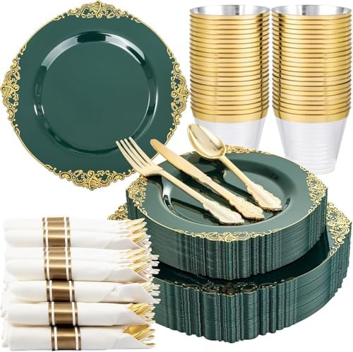 Nervure 175Pcs Green Plastic Plates, Disposable Party Plates for 25 Guests