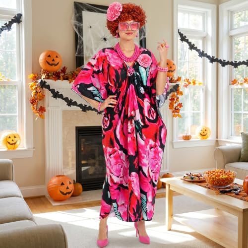 Halloween Women Landlady Costume Caftan Dress Curly Wig Jewelry & Sunglass