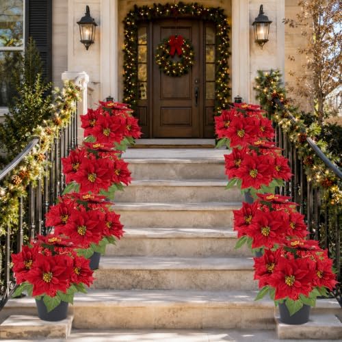2 PC Poinsettias Artificial Christmas Flowers in Pot Red Faux Plant
