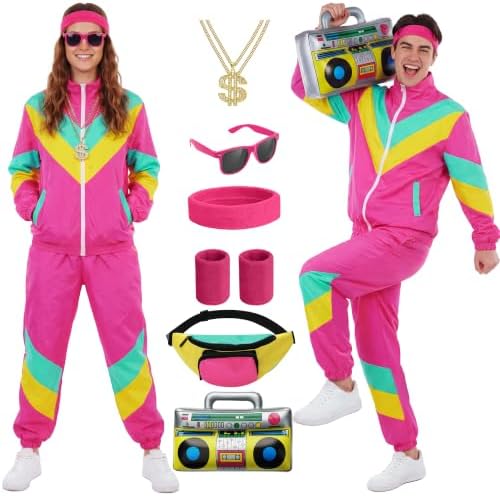 SOMSOC 80s Tracksuit for Men Women Halloween Costume Retro Windbreaker Set Neon 90s Outfit Couple Jogger Suit