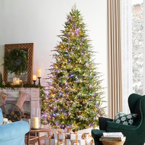 Glitzhome 9ft Prelit Artificial Christmas Tree, Green Full Christmas Tree Majestic Evergreen Fir with 2450 Warm White/Multi-Color Chasing and Twinkling Lights, 9 Function w/Foot Pedal&Remote Control