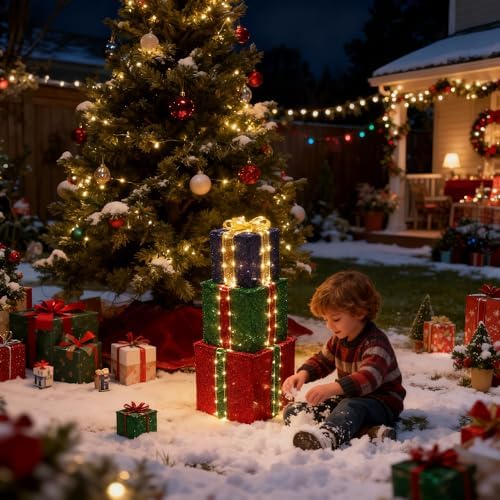 Set of 3 Christmas Lighted Gift Boxes - Warm White 160 LEDs Outdoor Decor