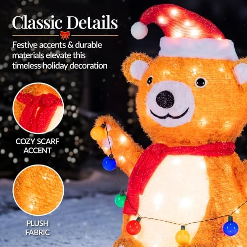 Best Choice Products 5ft Lighted Pop-Up Teddy Bear, Large Outdoor Christmas Holiday Decoration w/ 200 LED Lights, Hat, Scarf, Multicolored Lights