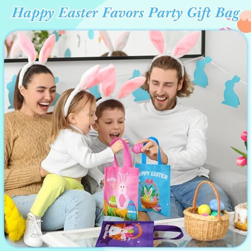 Sweetude 120 Pcs Easter Tote Bags Bulk with Handles Bunny Reusable Party Non Woven Treats Goodie Bags for Easter Party Supplies(Rabbit)