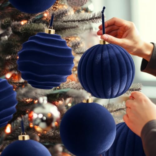 Syhood 8 Pcs 6 Inch Velvet Christmas Balls Large Ornaments, Navy Blue
