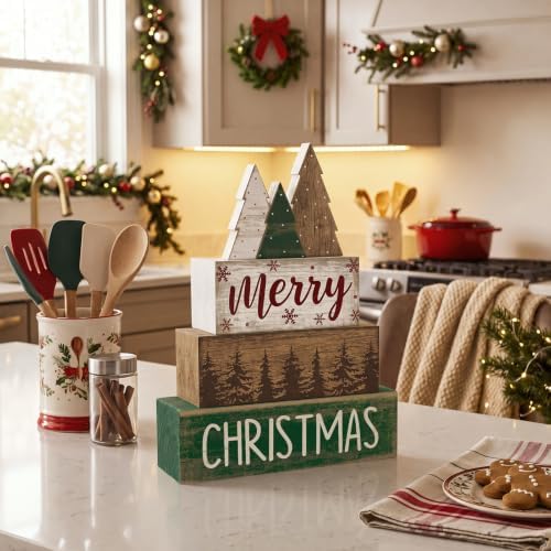 Lineshading 4 Pcs Christmas Table Decor Retro Christmas Tree Centerpiece with Buffalo Plaid Pattern Winter Tiered Tray Decor Rustic Wooden Pine Tree Xmas Decoration for Home Shelf Party Kitchen