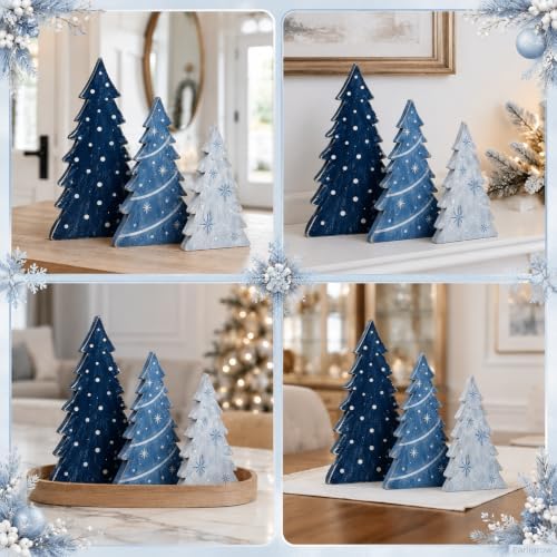 Christmas Table Decorations Blue Wooden Mini Xmas Tree Tiered Tray Decor