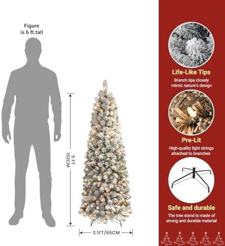 SHareconn 5ft Prelit Snow Flocked Artificial Slim Pencil Christmas Tree