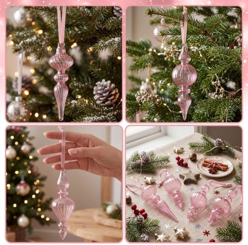 12 Pcs Vintage Glass Finial Christmas Ornaments, Pink