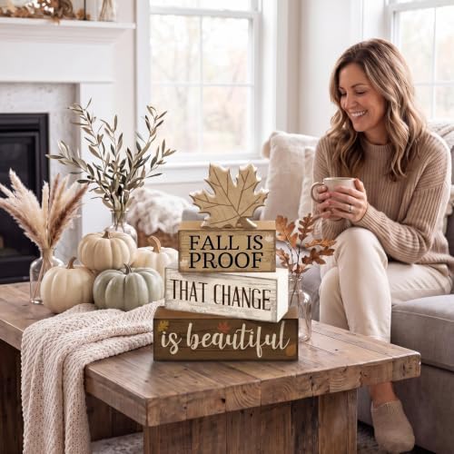 Moucuny 4 Pcs Fall Table Decoration for Home Wooden Neutral Maple Leaf