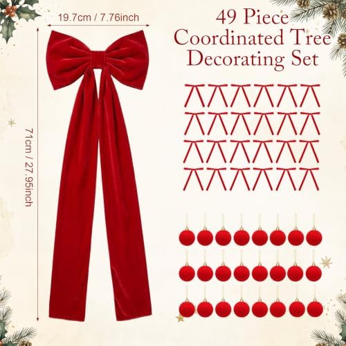 Knitgrip 49 Pcs Red Christmas Tree Decoration Set with Velvet Bow Ball