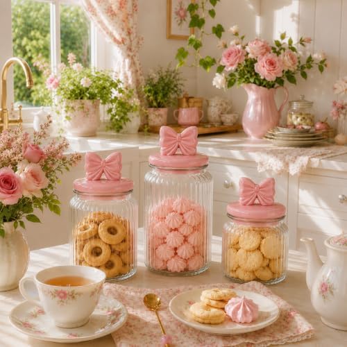 Mimorou 3 Set Pink Bow Candy Glass Jars with Ceramic Lids 44oz 33oz 22oz Summer Bow Cookie Jars Airtight Glass Food Storage Containers for Spring Summer Party Tea Cookie Snacks Sugar