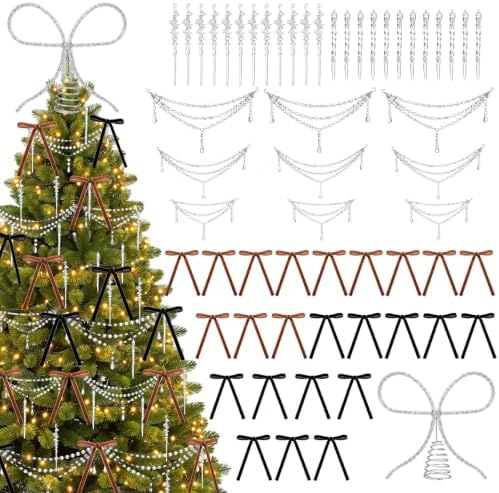 46 Pcs Christmas Tree Decorations Bow Topper Ornaments Transparent Beaded Necklace Acrylic Thread Icicle Christmas Tree Hanging Ornaments for Xmas Home Office Decorations