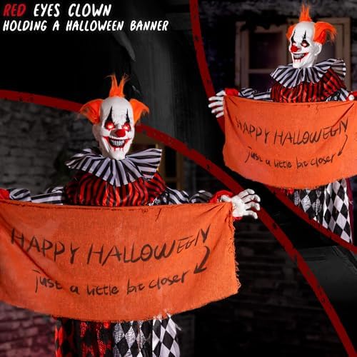 Halloween Animatronics 5ft Hanging Clown, 60inch Floating Animated Clown Decorations with Banner, Sound Activated, Creepy Voice, Light Up Eyes, Scary Move, Spooky Horror Prop for Indoor, Outdoor